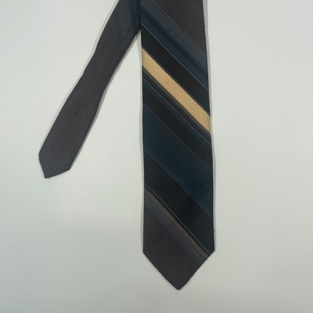 First Avenue Black Blue Tan Striped Textured Silk Blend Necktie Mens OS